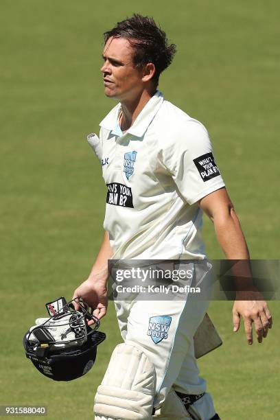 Steve O'Keefe of the NSW Blues leaves the field after he was dismissed during day four of the Sheffield Shield match between Victoria and New South...