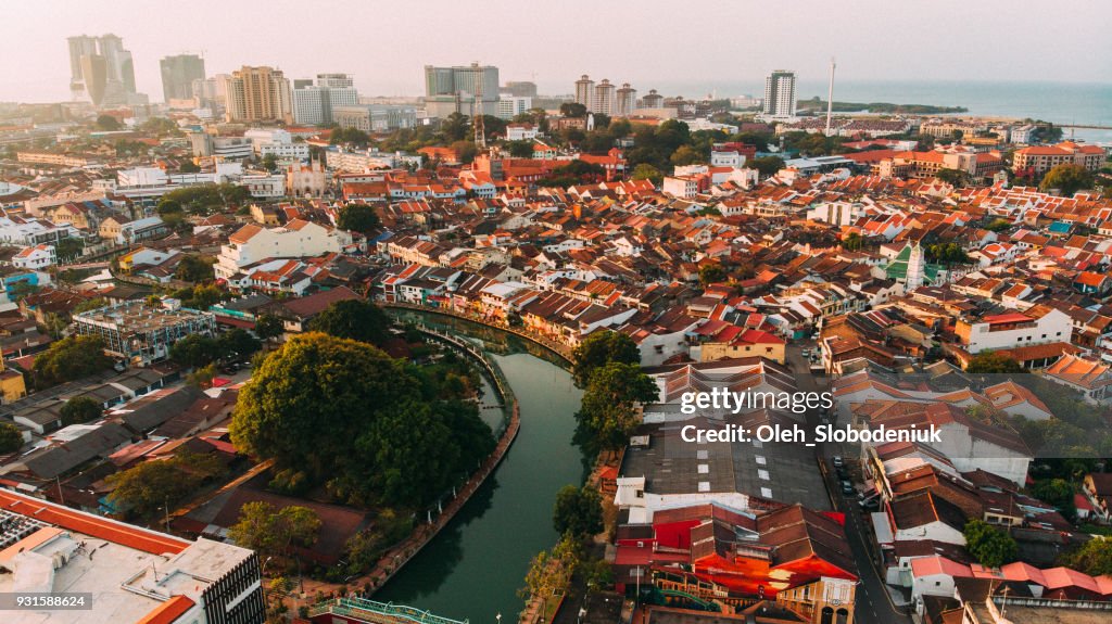 Aerial view of Malacca town at dawn