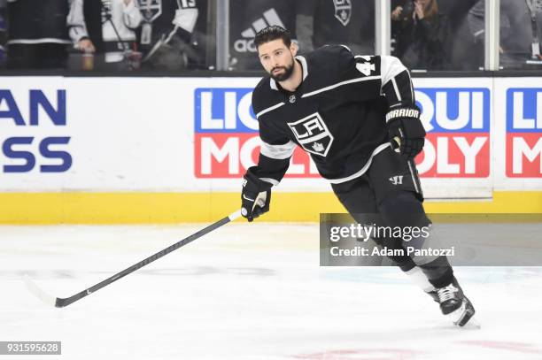 Nate Thompson of the Los Angeles Kings warms up before a game against the Vancouver Canucks at STAPLES Center on March 12, 2018 in Los Angeles,...