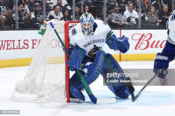 Anders Nilsson of the Vancouver Canucks defends the net during a game against the Los Angeles Kings at STAPLES Center on March 12, 2018 in Los...