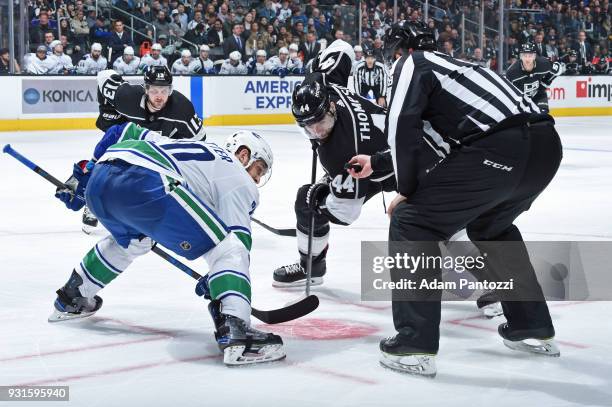 Nate Thompson of the Los Angeles Kings prepares to face-off during a game against the Vancouver Canucks at STAPLES Center on March 12, 2018 in Los...