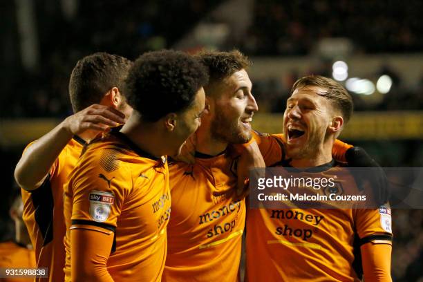 Matt Doherty of Wolverhampton Wanderers celebrates scoring his second goal with Barry Douglas during the Sky Bet Championship match between...