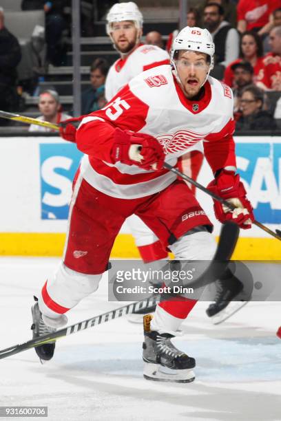 Danny DeKeyser of the Detroit Red Wings reacts during a NHL game against the San Jose Sharks at SAP Center on March 12, 2018 in San Jose, California.
