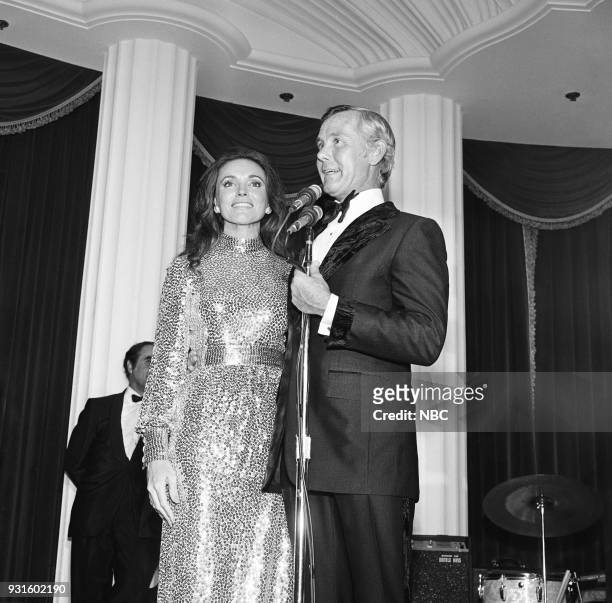 10th Anniversary Party" -- Pictured: Joanna Holland, Johnny Carson during the 'Tonight Show Starring Johnny Carson' 10th Anniversary party on...