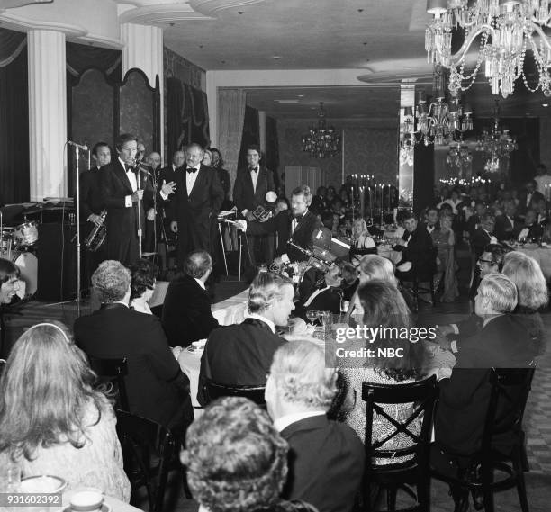 10th Anniversary Party" -- Pictured: Actor Joey Bishop Johnny Carson, Joanna Holland during the 'Tonight Show Starring Johnny Carson' 10th...