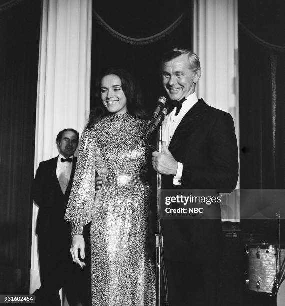 10th Anniversary Party" -- Pictured: Joanna Holland, Johnny Carson during the 'Tonight Show Starring Johnny Carson' 10th Anniversary party on...