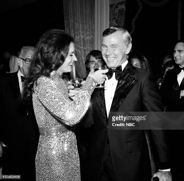 10th Anniversary Party" -- Pictured: Joanna Holland, Johnny Carson during the 'Tonight Show Starring Johnny Carson' 10th Anniversary party on...