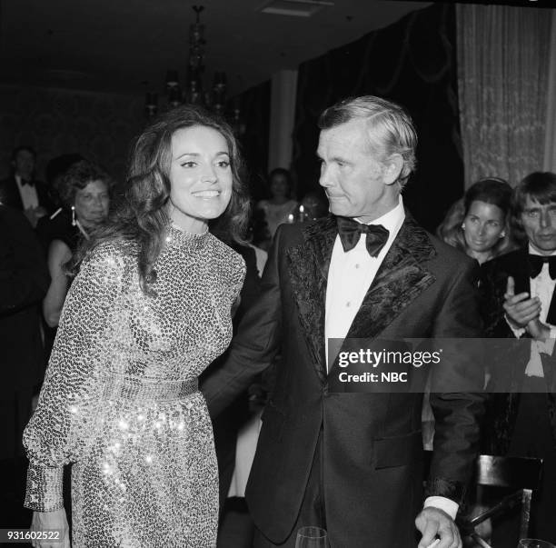 10th Anniversary Party" -- Pictured: Joanna Holland, Johnny Carson during the 'Tonight Show Starring Johnny Carson' 10th Anniversary party on...