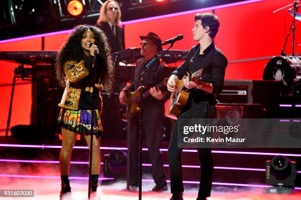 Recording artists SZA and Shawn Mendes perform onstage during 60th Annual GRAMMY Awards - I'm Still Standing: A GRAMMY Salute To Elton John at the...