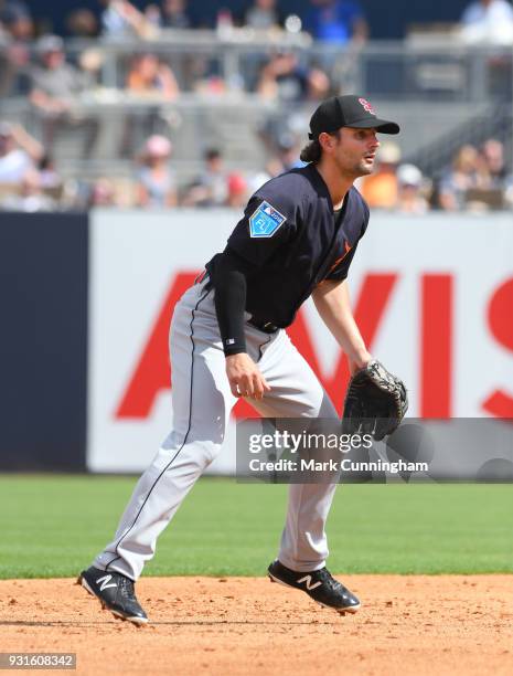 Pete Kozma of the Detroit Tigers fields during the Spring Training game against the New York Yankees at George M. Steinbrenner Field on February 23,...