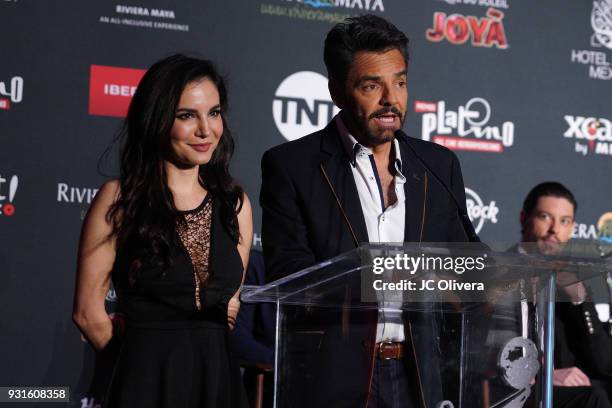 Actors Martha Higareda and Eugenio Derbez speak during the 5th Annual Premios PLATINO Of Iberoamerican Cinema Nominations Announcement at Hollywood...