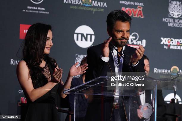 Actors Martha Higareda and Eugenio Derbez speak during the 5th Annual Premios PLATINO Of Iberoamerican Cinema Nominations Announcement at Hollywood...