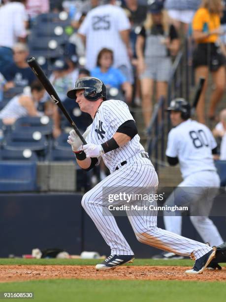 Clint Frazier of the New York Yankees bats during the Spring Training game against the Detroit Tigers at George M. Steinbrenner Field on February 23,...