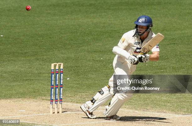 Chris Rogers of the Bushrangers plays a shot off his pads during day two of the Sheffield Shield match between the Victorian Bushrangers and the...