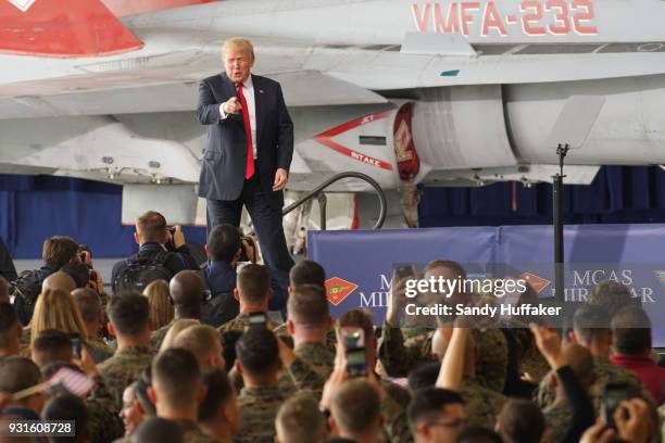 President Donald Trump addresses troops at Miramar Marine Corp Air Station on March 13, 2018 in San Diego, California. President Trump, on his first...
