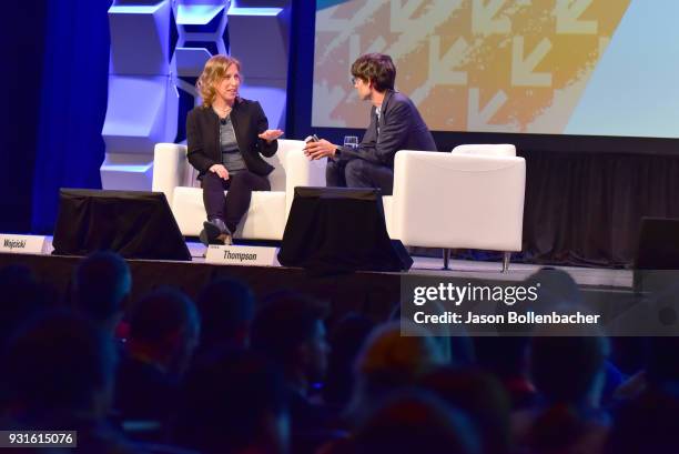 Of YouTube Susan Wojcicki and Nicholas Thompson speak onstage at Navigating the Video Revolution in the Digital Age during SXSW on March 13, 2018 in...