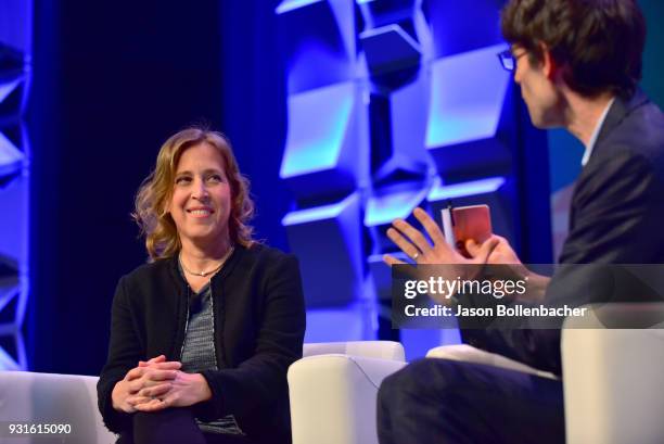 Of YouTube Susan Wojcicki and Nicholas Thompson speak onstage at Navigating the Video Revolution in the Digital Age during SXSW on March 13, 2018 in...