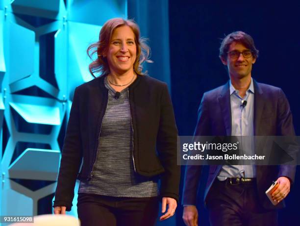 Of YouTube Susan Wojcicki and Nicholas Thompson walk onstage at Navigating the Video Revolution in the Digital Age during SXSW on March 13, 2018 in...