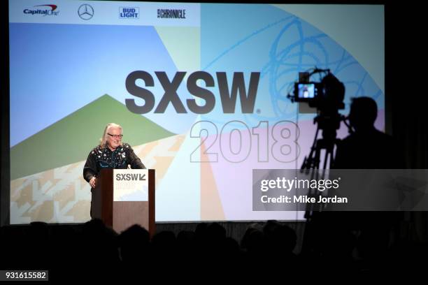 Bruce Sterling speaks onstage at Disrupting Dystopia: The Bruce Sterling Talk during SXSW at Austin Convention Center on March 13, 2018 in Austin,...