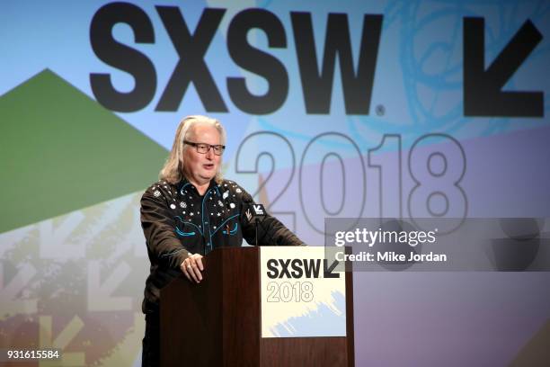 Bruce Sterling speaks onstage at Disrupting Dystopia: The Bruce Sterling Talk during SXSW at Austin Convention Center on March 13, 2018 in Austin,...