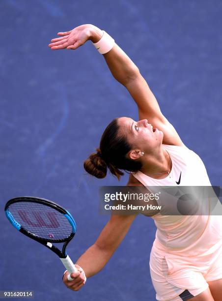 Maria Sakkari of Greece serves in her match against Naomi Osaka of Japan during the BNP Paribas Open at the Indian Wells Tennis Garden on March 13,...