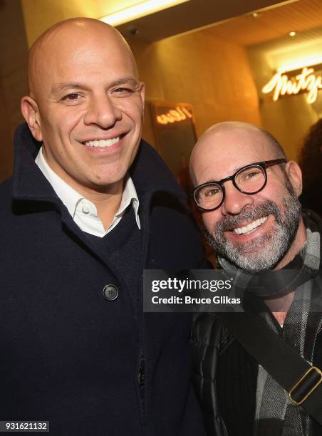 Theatrical Agent Mark Subias and Screenwriter/Director Scott Burns pose at The Opening Night of "Admissions" at The Mitzi E. Newhouse Theater Lobby...