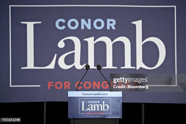 An empty podium stands ahead of an election night rally with Conor Lamb, Democratic candidate for the U.S. House of Representatives, not pictured, in...