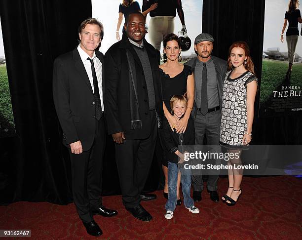 Director John Lee Hancock, actor Quinton Aaron, actress Sandra Bullock, actor Jae Head, actor/musician Tim McGraw and actress Lily Collins attend the...