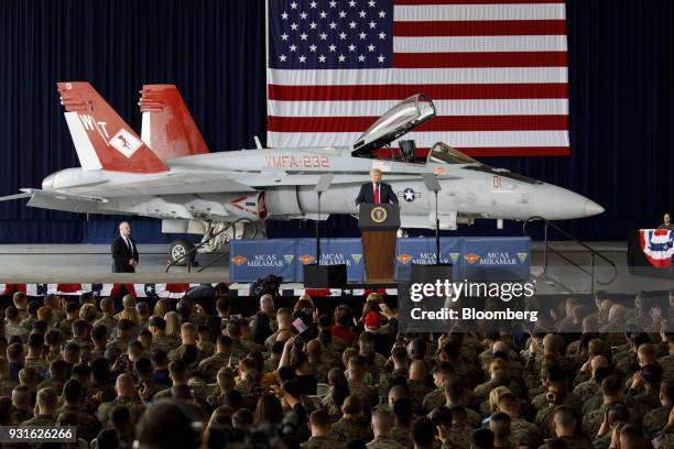 President Donald Trump speaks during an event at Marine Corps Air Station Miramar in San Diego, California, U.S., on Tuesday, March 13, 2018. Trump...