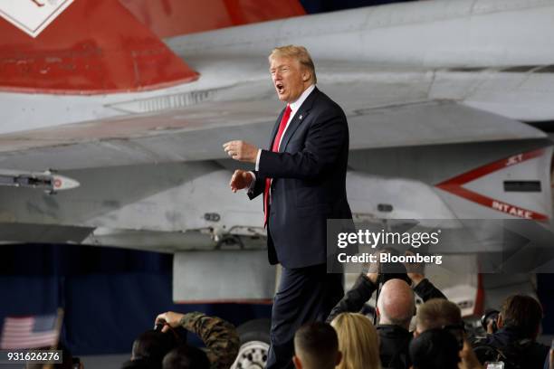 President Donald Trump reacts during an event at Marine Corps Air Station Miramar in San Diego, California, U.S., on Tuesday, March 13, 2018. Trump...