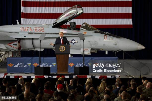 President Donald Trump speaks during an event at Marine Corps Air Station Miramar in San Diego, California, U.S., on Tuesday, March 13, 2018. Trump...