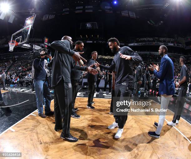 Allen Crabbe of the Brooklyn Nets is introduced before the game against the Toronto Raptors on March 13, 2018 at Barclays Center in Brooklyn, New...