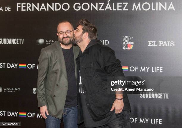 Director Fernando Gonzalez Molina and singer Antonio Orozco attend 'The Best Day Of My Life' Madrid premiere at Callao cinema on March 13, 2018 in...