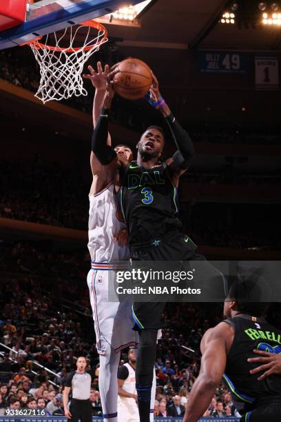 Nerlens Noel of the Dallas Mavericks shoots the ball during the game against the New York Knicks on March 13, 2018 at Madison Square Garden in New...