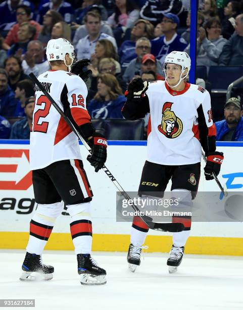 Ryan Dzingel of the Ottawa Senators celebrates a goal during a game against the Tampa Bay Lightning at Amalie Arena on March 13, 2018 in Tampa,...