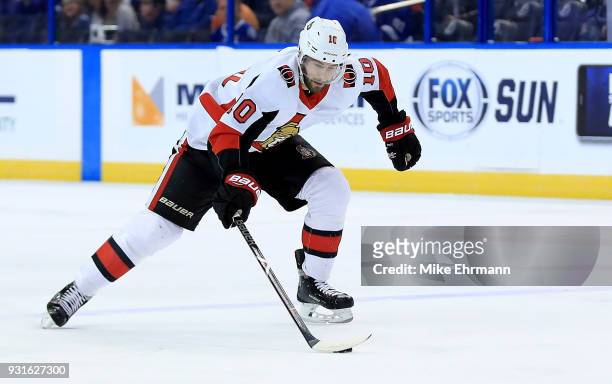 Tom Pyatt of the Ottawa Senators looks to pass during a game against the Tampa Bay Lightning at Amalie Arena on March 13, 2018 in Tampa, Florida.