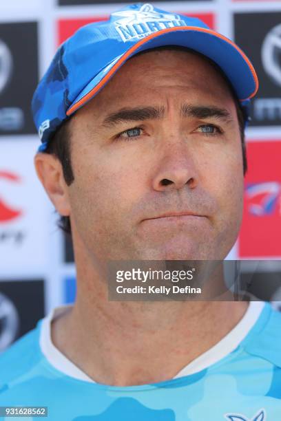 Brad Scott head coach of the Kangaroos speaks to media during a North Melbourne Kangaroos AFL training session at Arden Street Ground on March 6,...