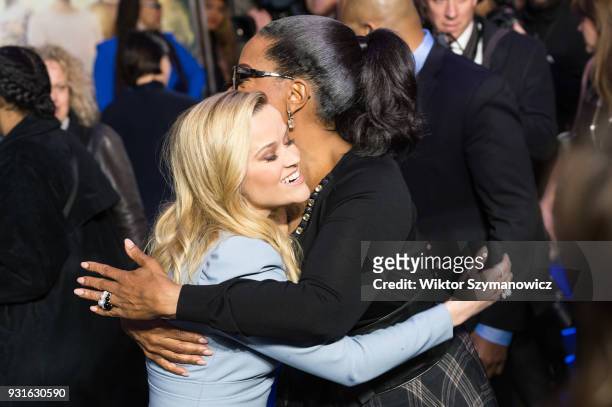 Reese Witherspoon hugs Oprah Winfrey at the European film premiere of 'A Wrinkle in Time' at the BFI Imax cinema in the South Bank district of...