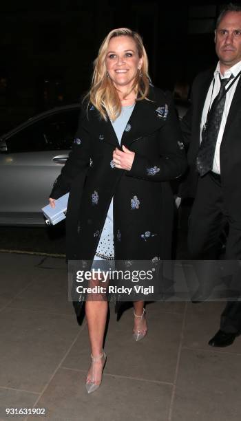 Reese Witherspoon seen arriving at afterparty of A Wrinkle In Time - European film premiere at Corinthia Hotel on March 13, 2018 in London, England.