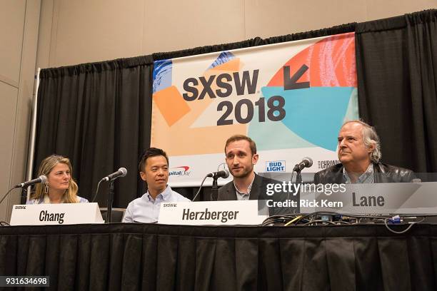 Bonnie Comley, Clive Chang, Chris Herzberger, and Stewart F. Lane speak onstage at the 'Keeping Performing Arts Alive in a Digital World' panel...