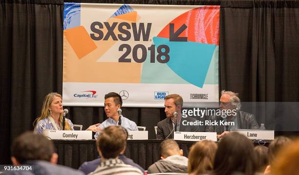 Bonnie Comley, Clive Chang, Chris Herzberger, and Stewart F. Lane speak onstage at the 'Keeping Performing Arts Alive in a Digital World' panel...
