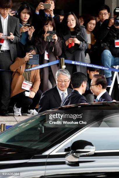 South Korea's former President Lee Myung-Bak arrives at a prosecutor's office on March 14, 2018 in Seoul, South Korea. Seoul Central District...