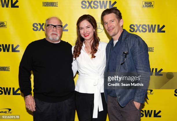 Paul Schrader, Victoria Hill, and Ethan Hawke attend the premiere of "First Reformed" during SXSW at Elysium on March 13, 2018 in Austin, Texas.