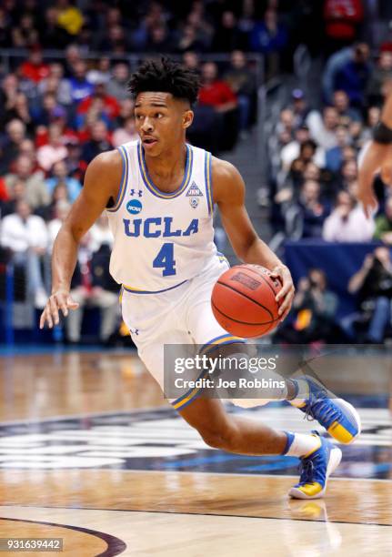 Jaylen Hands of the UCLA Bruins handles the ball on offense against the St. Bonaventure Bonnies during the first half of the First Four game in the...