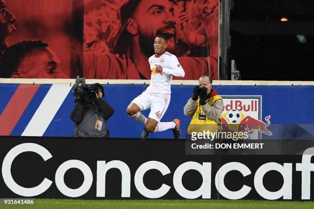 New York Red Bulls' Tyler Adams celebrates during the Concacaf Champions League 2nd Leg Quarter-final football match between the New York Red Bulls...