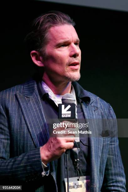 Ethan Hawke speaks onstage at the premiere of "First Reformed" during SXSW at Elysium on March 13, 2018 in Austin, Texas.