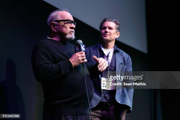 Paul Schrader and Ethan Hawke speak onstage at the premiere of "First Reformed" during SXSW at Elysium on March 13, 2018 in Austin, Texas.