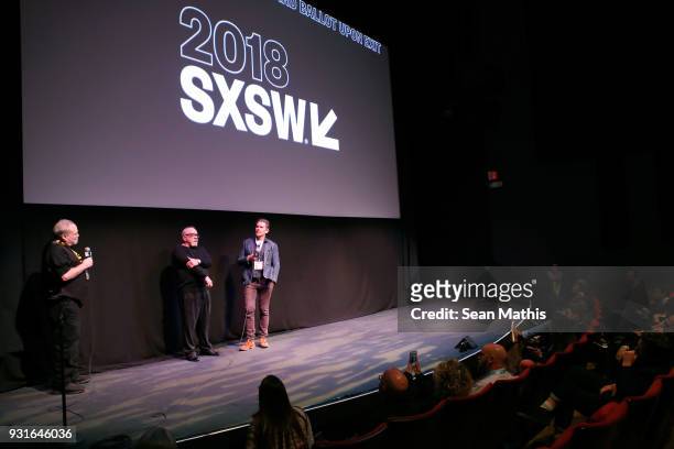 Louis Black, Paul Schrader, and Ethan Hawke speak onstage at the premiere of "First Reformed" during SXSW at Elysium on March 13, 2018 in Austin,...