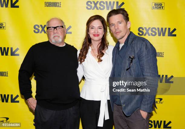 Paul Schrader, Victoria Hill, and Ethan Hawke attend the premiere of "First Reformed" during SXSW at Elysium on March 13, 2018 in Austin, Texas.