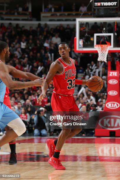 Kris Dunn of the Chicago Bulls handles the ball against the LA Clippers on March 13, 2018 at the United Center in Chicago, Illinois. NOTE TO USER:...